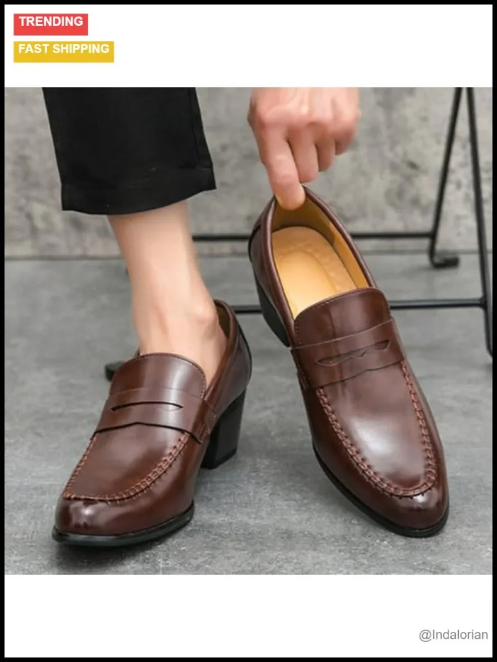 Men's Leather Block Heel Loafers Retro Pointed Toe Slip On Formal Shoes